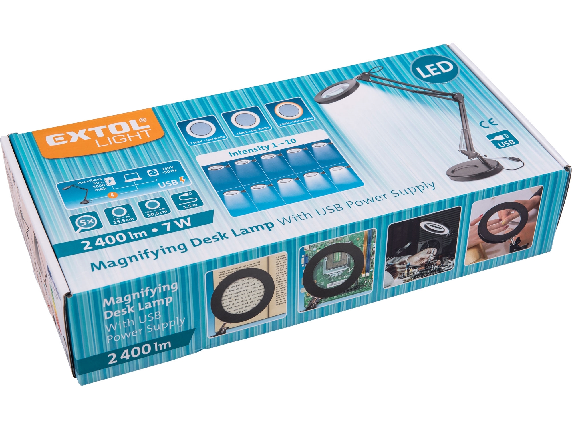 EXTOL LIGHT Stolní lupa s osvětlením, 5x zvětšení, osvětlení 2400 lm, USB napájení, černá - Obrázek 6