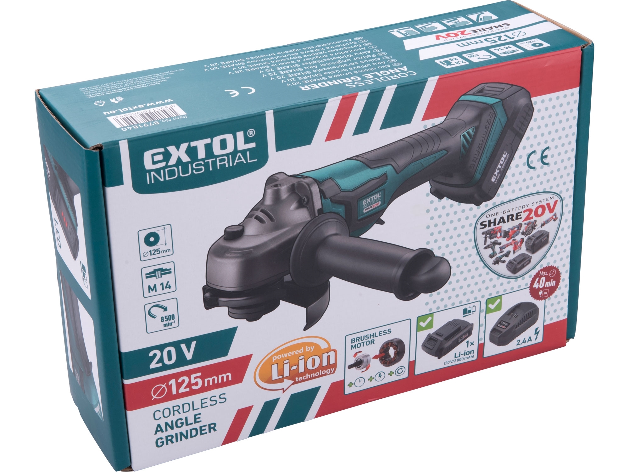 EXTOL INDUSTRIAL bruska úhlová aku SHARE20V, 125mm, 20V Li-ion, 2000mAh - Obrázek 5