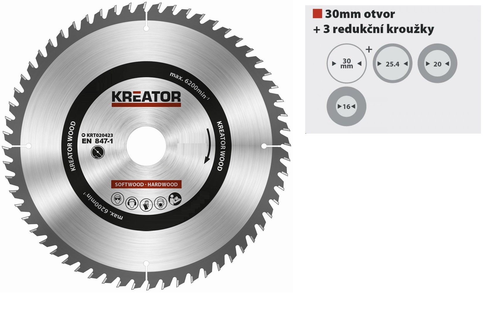 KREATOR kotouč pilový s SK plátky, 210x2,2x30 (+redukce 16/20/25,4mm), 48T zubů