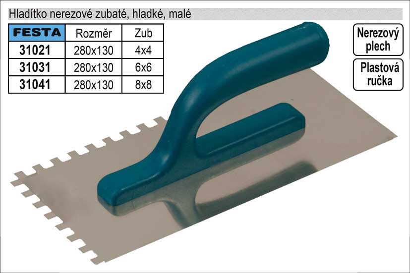 Hladítko nerezové zubaté 280x130mm, zub 10x10mm