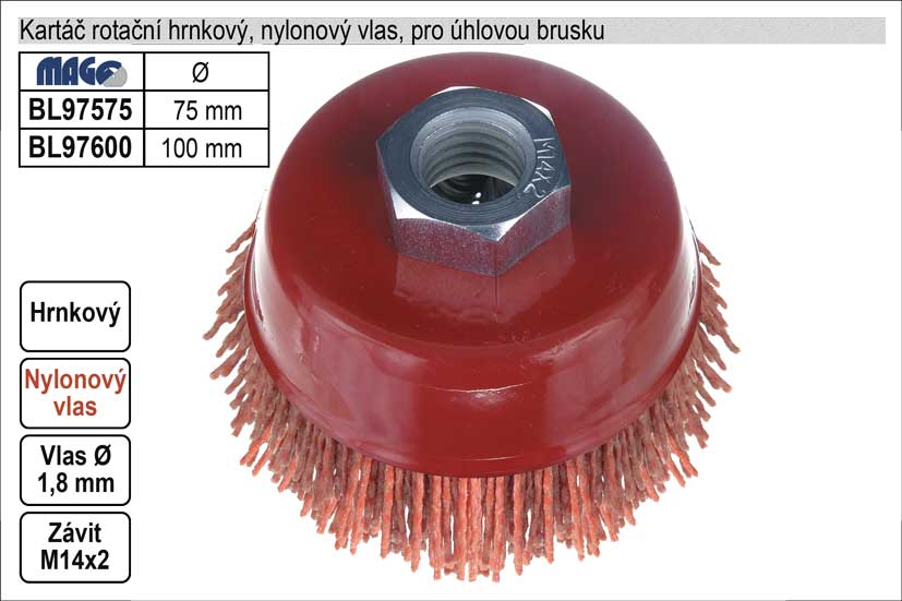 Kartáč rotační hrnkový nylonový pro úhlovou brusku 75mm