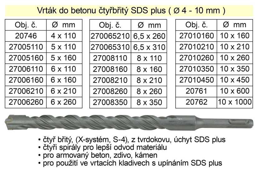 Vrták do betonu čtyřbřitý SDS plus 8x 350mm 27008350