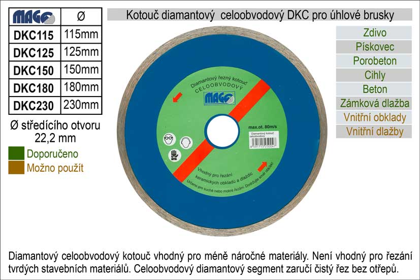 Kotouč diamantový celoobvodový pro úhlové brusky DKC230