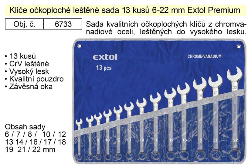 Klíče očkoploché leštěné sada 13 kusů 6-22mm CrV