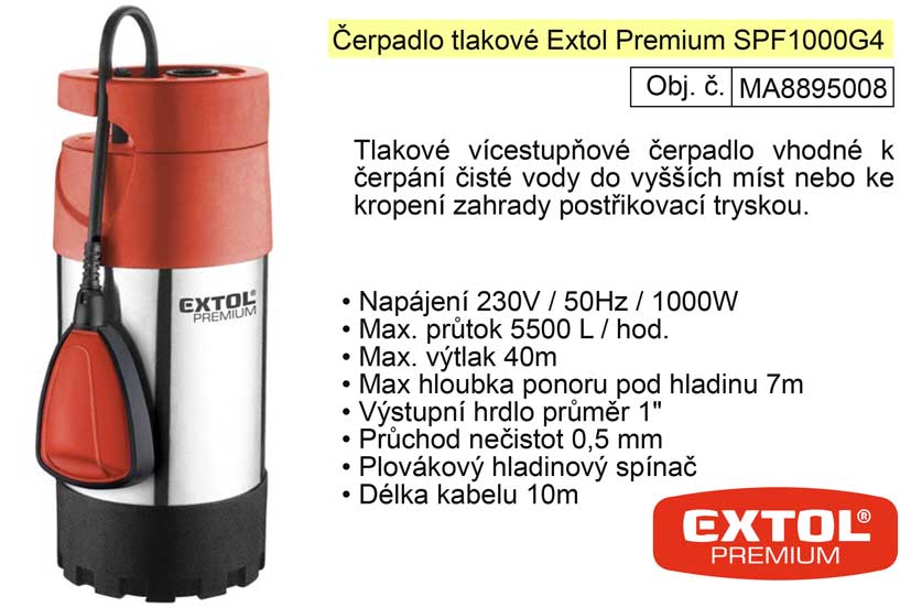 Čerpadlo elektrické nerezové tlakové 1100 W 5500 l / hod Extol Premium 8895008