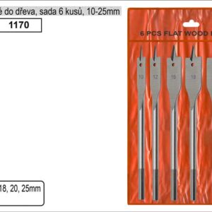 vrtáky ploché do dřeva, sada 6ks, Ř10-12-16-18-20-25mm, délka 150mm, šestihranná stopka,