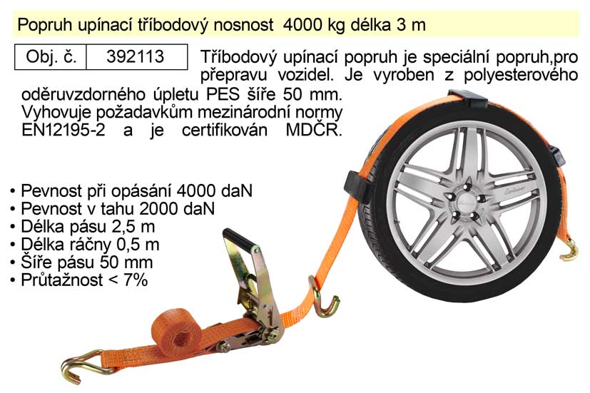 Popruh upínací s ráčnou tříbodový 4t/3m/ 50mm