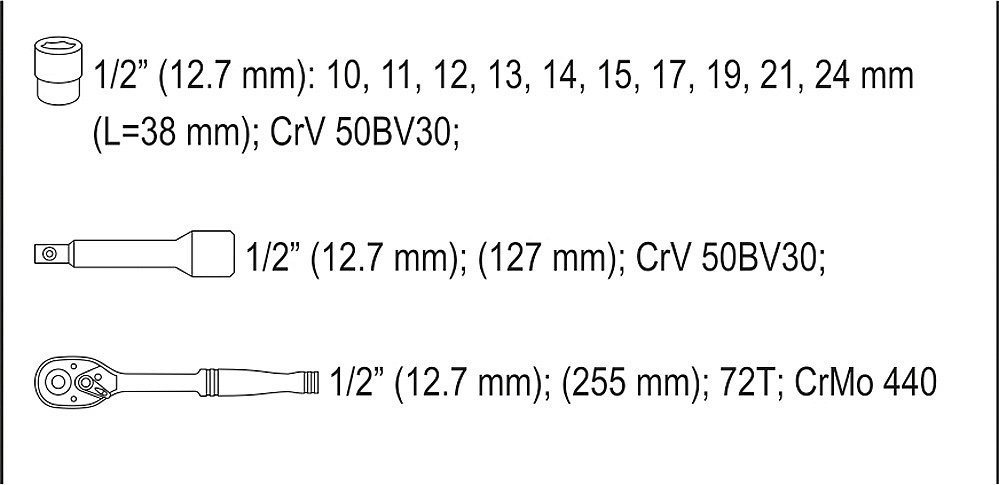 YATO Gola sada 1/2" 12 ks YT-38671 - Obrázek 6