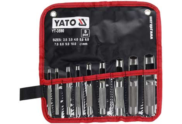 Děrovače (razníky), sada 9 kusů, průměry 2,5 – 10 mm, Yato