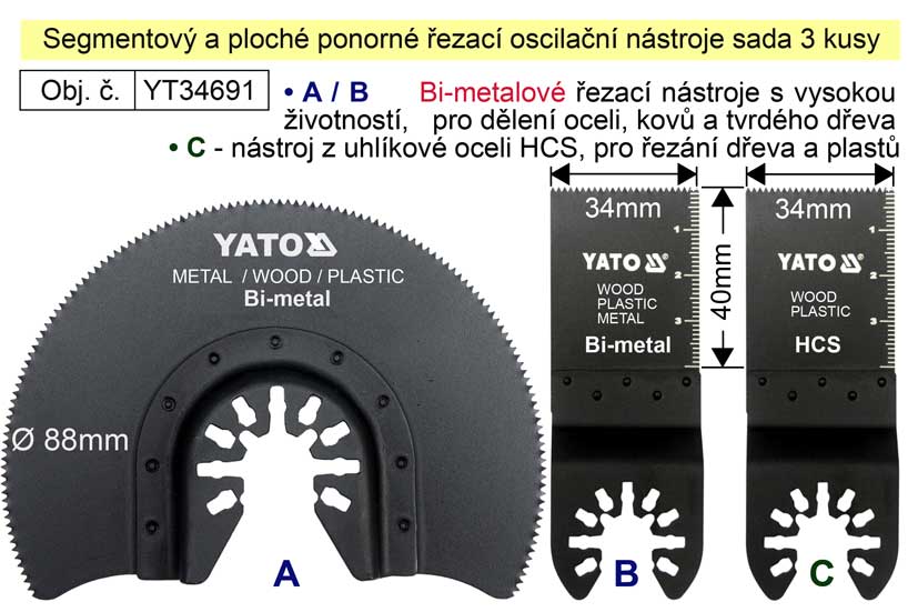 Segmentový a ploché ponorné řezací oscilační nástroje sada 3 kusy YT