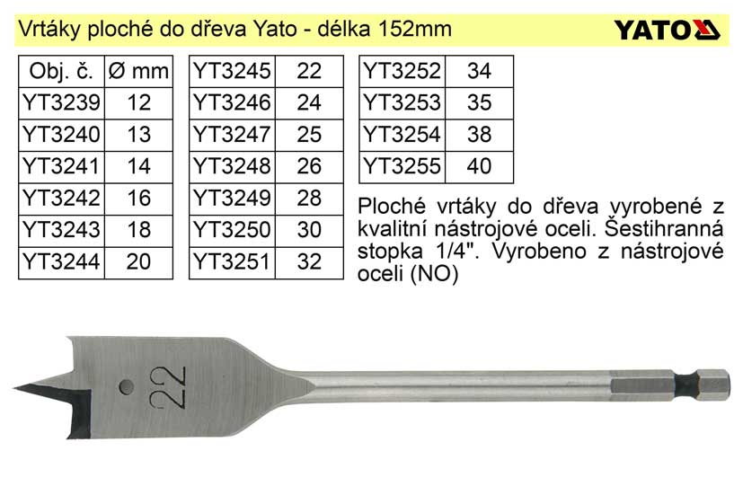 Vrták plochý průměr 22mm do dřeva Yato