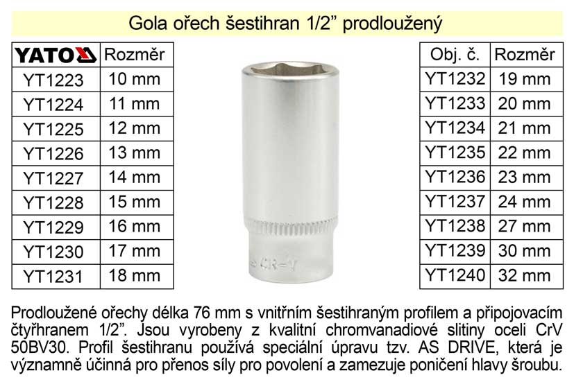 Gola ořech šestihran 1/2" prodloužený 10mm