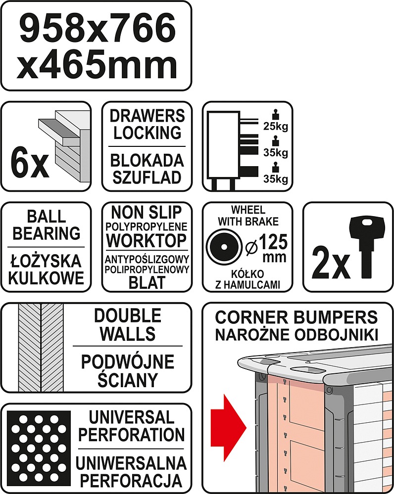 Skříňka dílenská pojízdná 6 zásuvek červená - Obrázek 4
