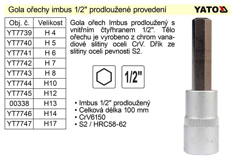 Gola ořech imbus 1/2" prodloužený H 8 YT-7743