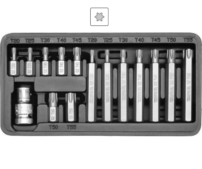 Bity Torx, plné, sada 15 dílů, pro ráčnu 1/2", Yato