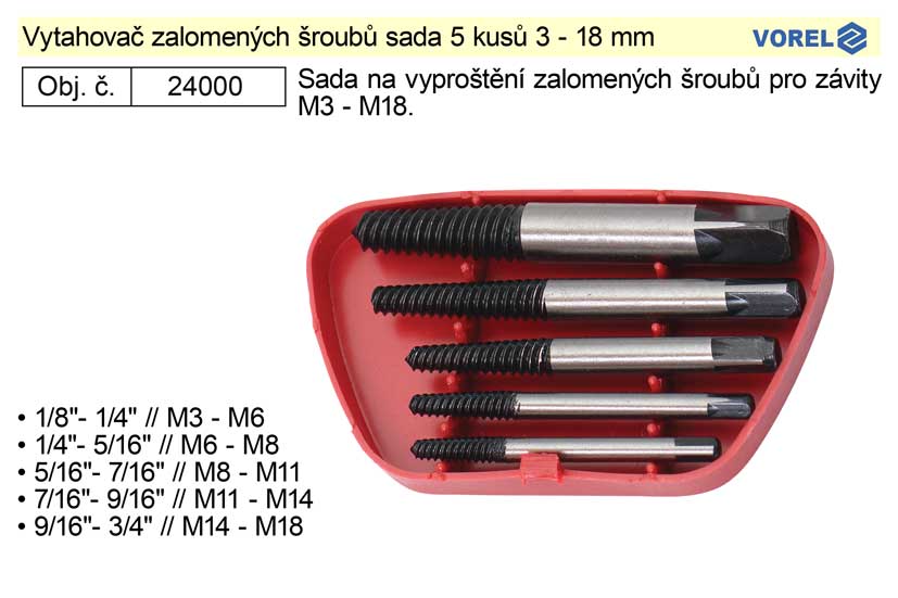 Vytahovač zalomených šroubů sada 5 kusů 3 - 18 mm