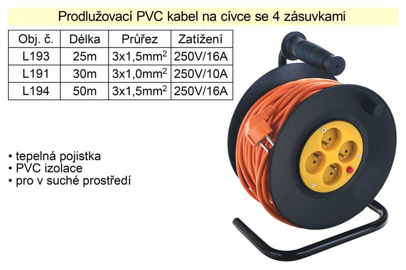 Prodlužovací kabel 25 m na cívce 4 zásuvky