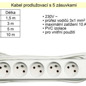 Prodlužovací kabel 5 zásuvrek délka 10 m