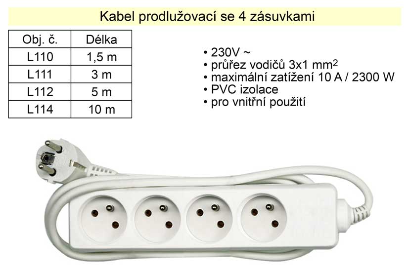 Prodlužovací kabel 4 zásuvky délka 1,5 m