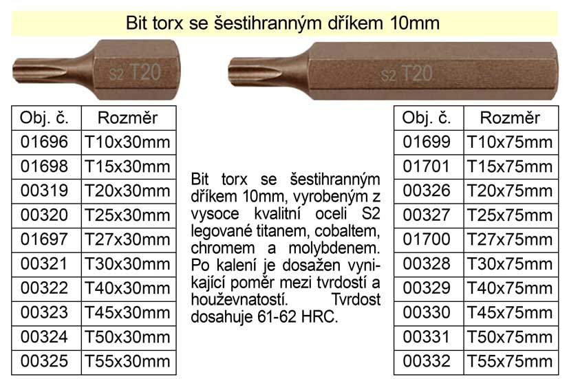 Bit torx T55 se šestihranným dříkem 10mm délka 75mm