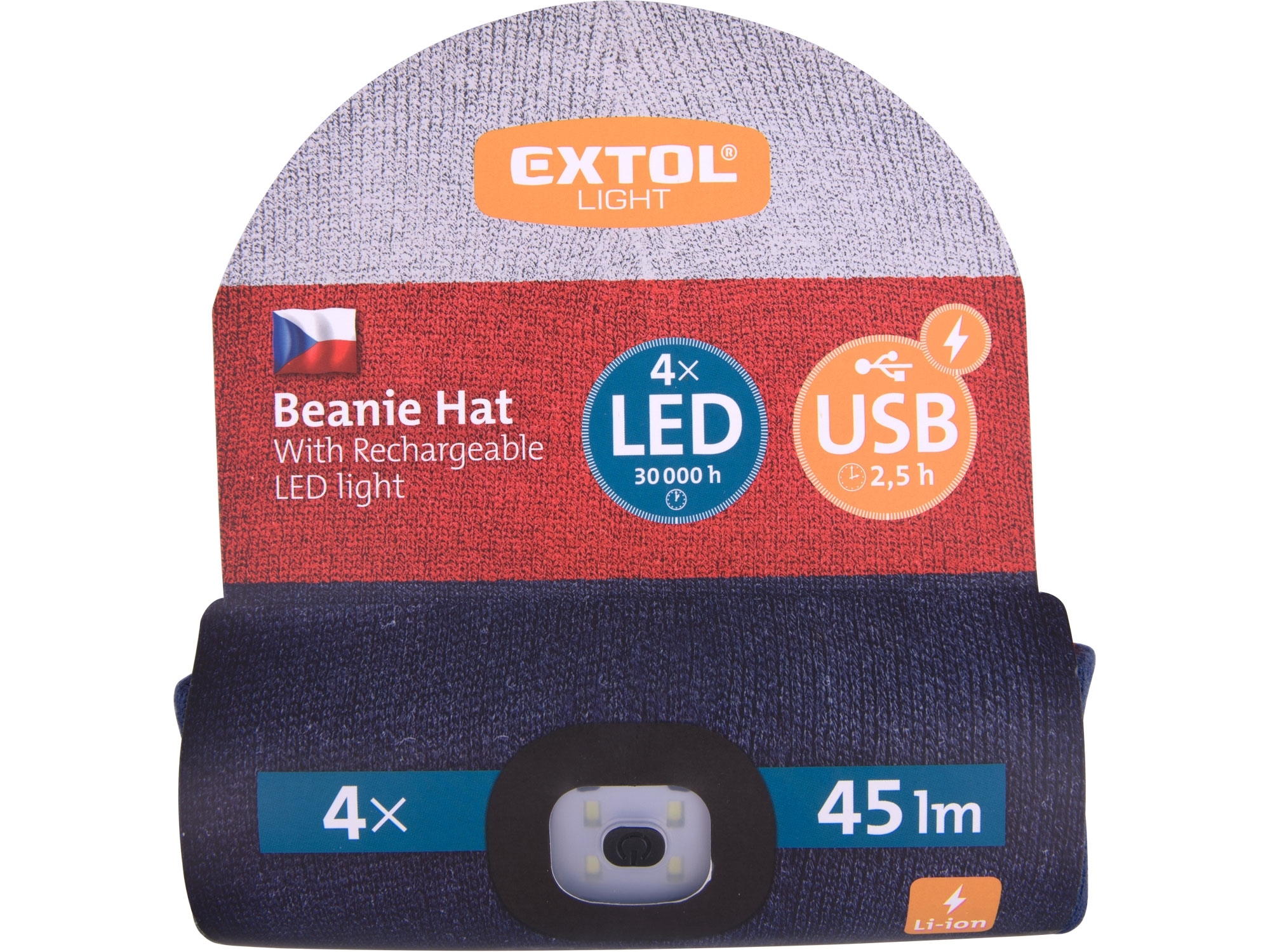 čepice s čelovkou 4x45lm, USB nabíjení, bílo-červeno-modrá, univerzální velikost 43450 - Obrázek 5