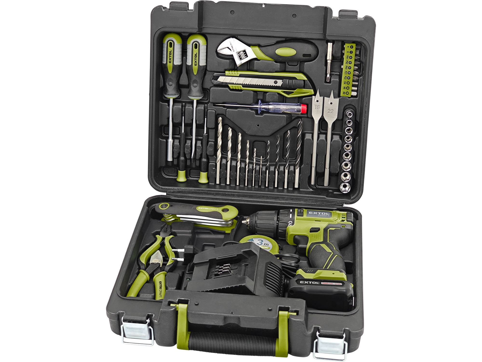 EXTOL CRAFT vrtací šroubovák aku, BRUSHLESS, 20V Li-ion, 2Ah, SET SADA NÁŘADÍ 46KS