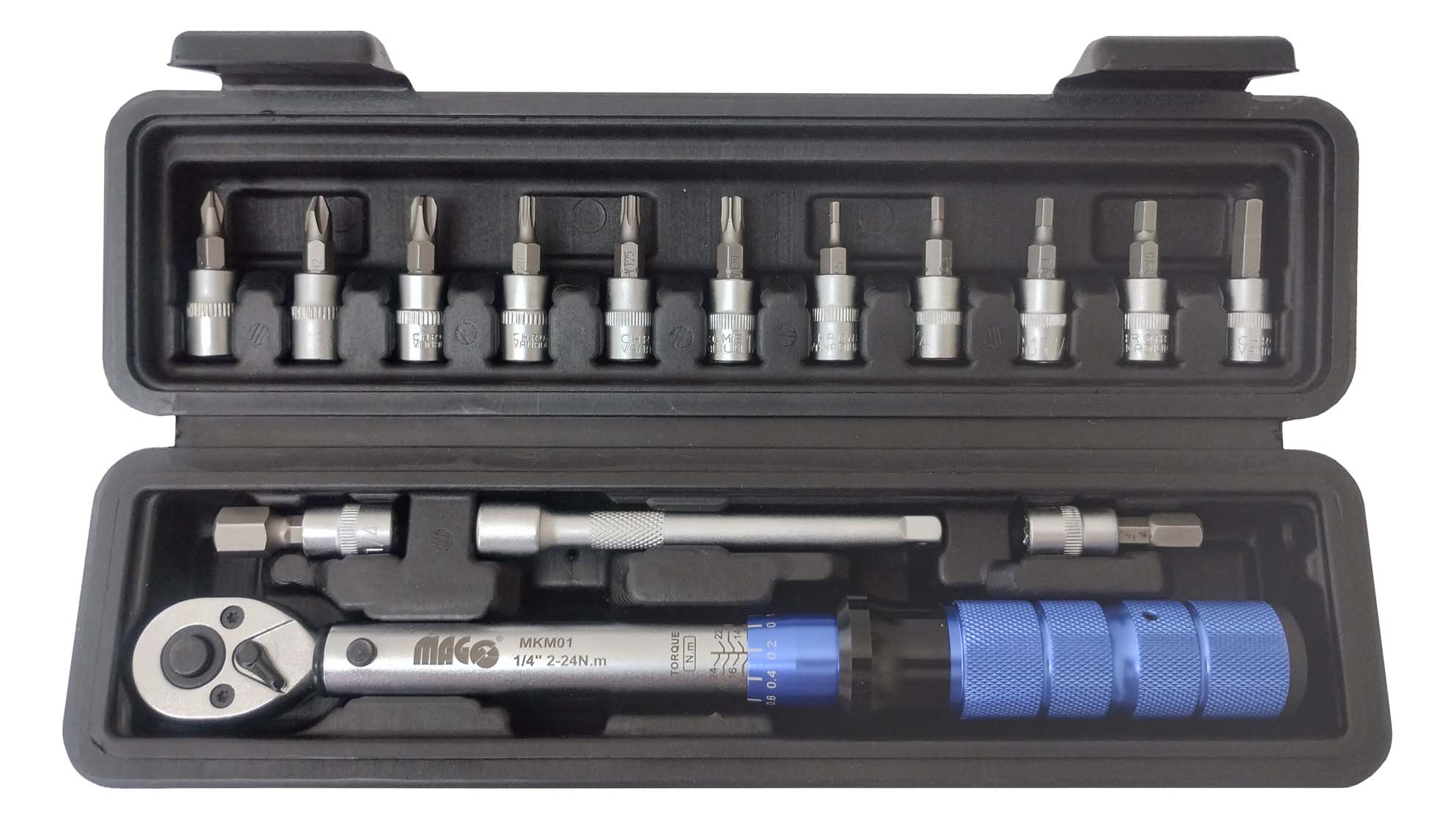 MAGG Momentový klíč ohybový 1/4" 2-24 Nm, sada 13 hlavic, pouzdro