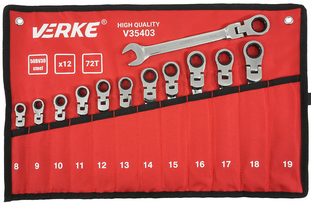 VERKE Klíče ráčnové s kloubem, sada 12 kusů očkoploché 8-19mm, v textilním obalu