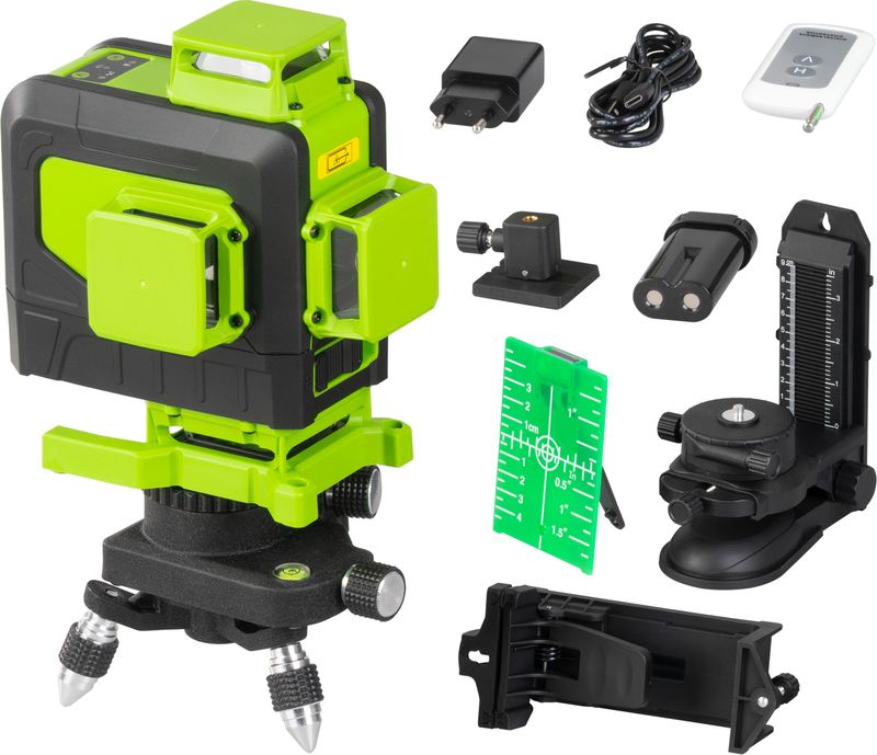STREND PRO 904DG Křížový laser 3D 360° zelený paprsek, samonivelační, 30/50m, dál. ovladač