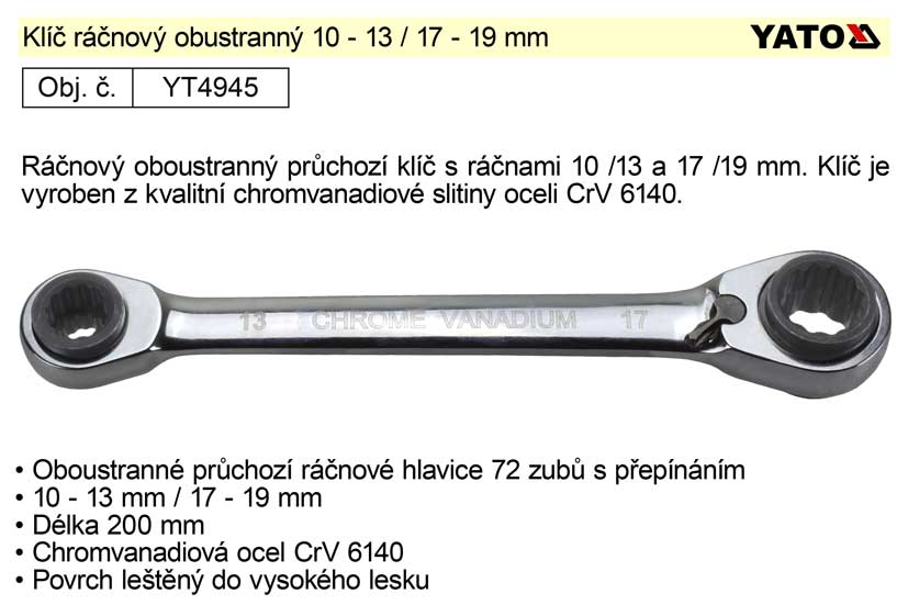 Klíč ráčnový oboustranný 10 - 13 / 17 - 19 mm Yato